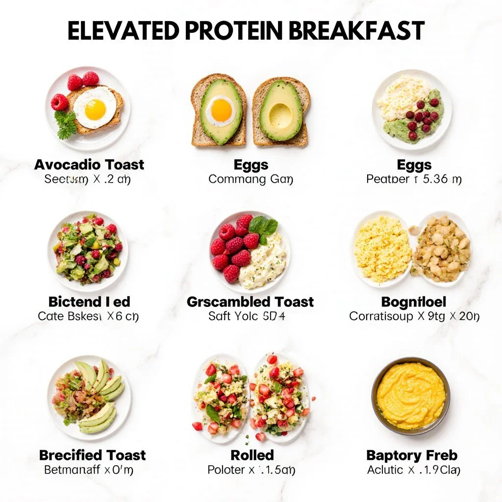 A variety of high-protein breakfast dishes including eggs, yogurt, and smoothies.