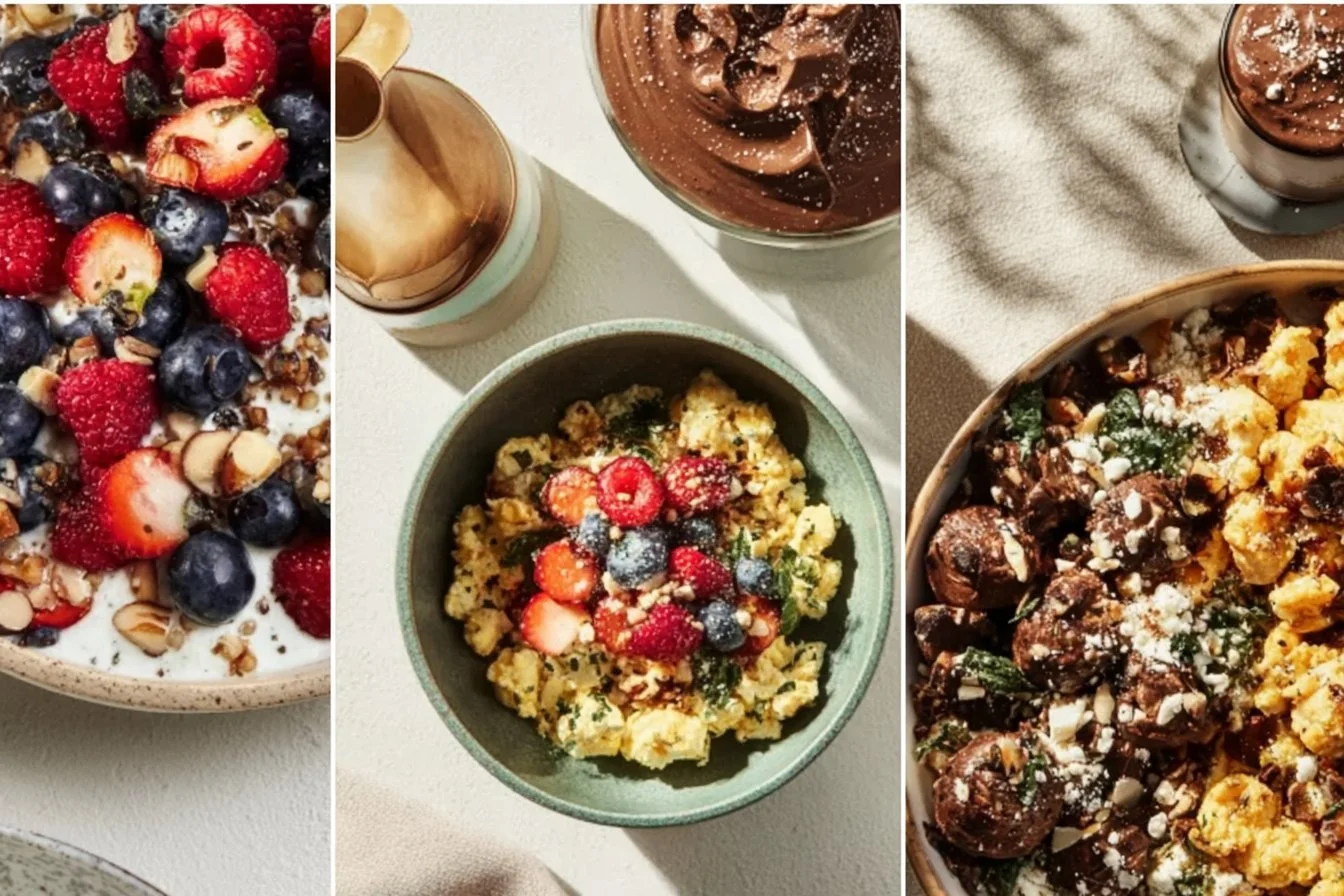 Plate of high protein breakfasts for clean eating including eggs and oatmeal.