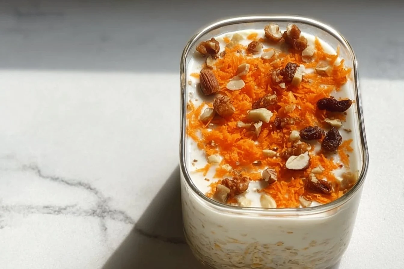 High protein carrot cake overnight oats in a bowl, topped with nuts and carrots