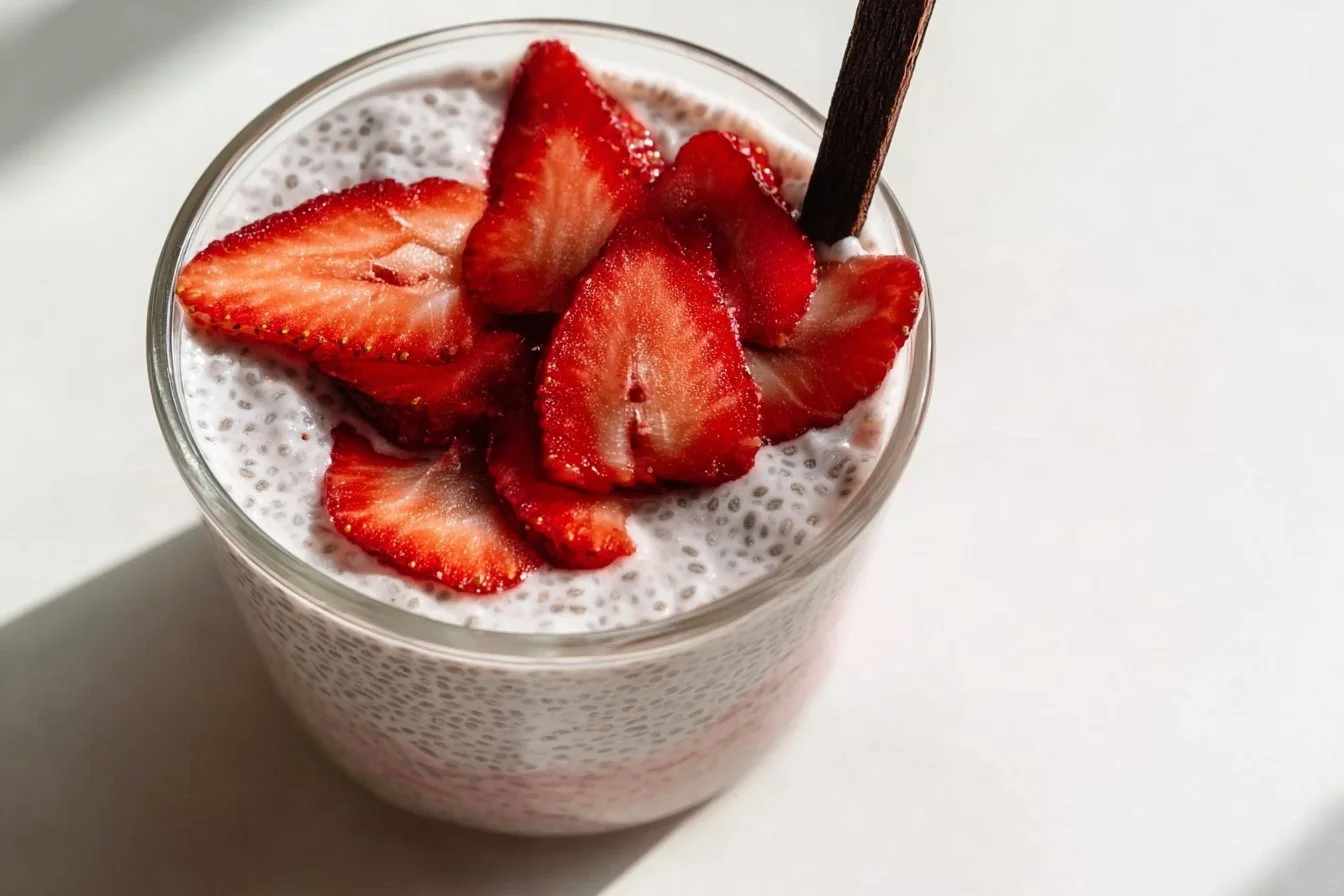 High-protein strawberry chia seed pudding topped with fresh strawberries