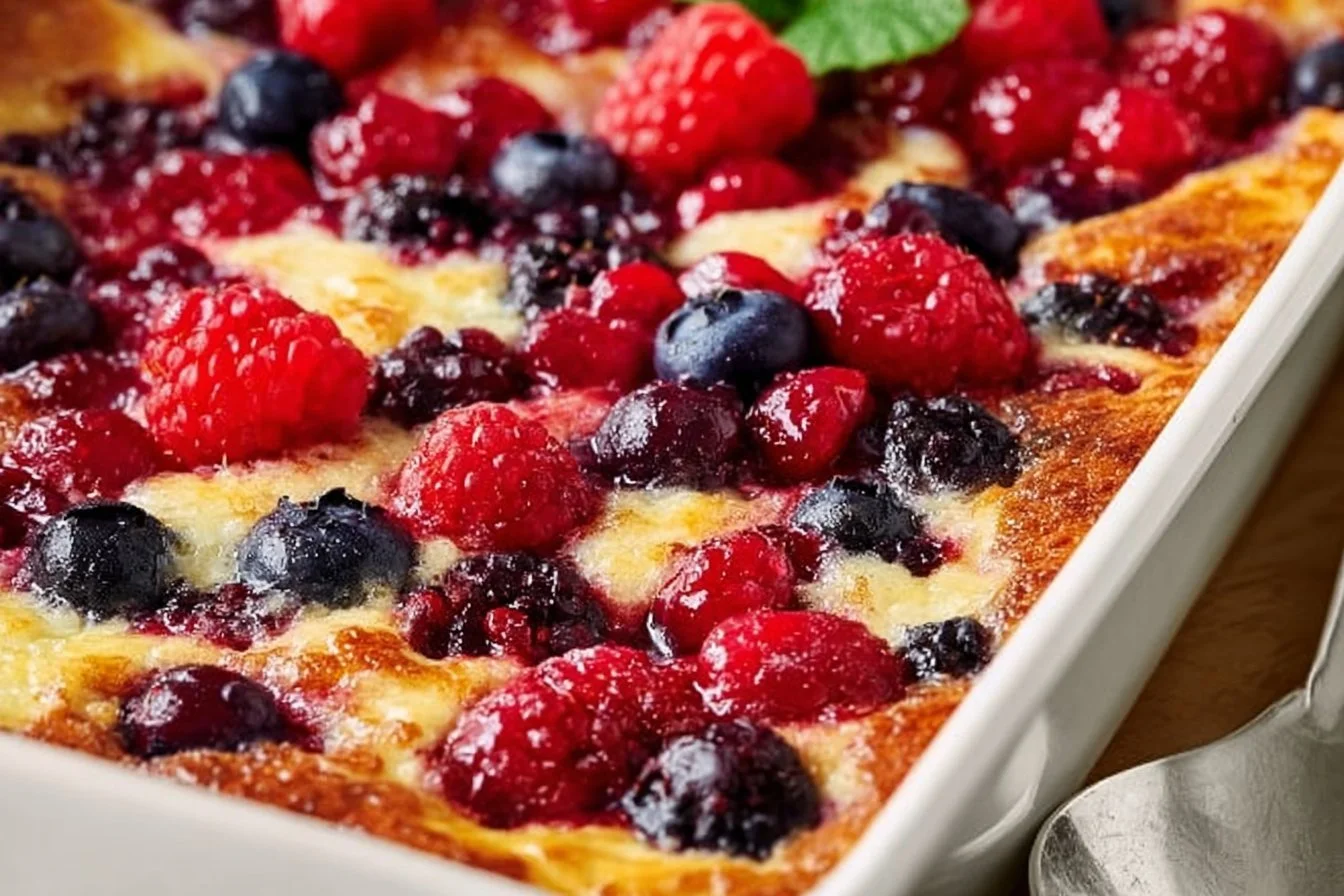 High protein triple berry bake with fresh berries and nutritious ingredients
