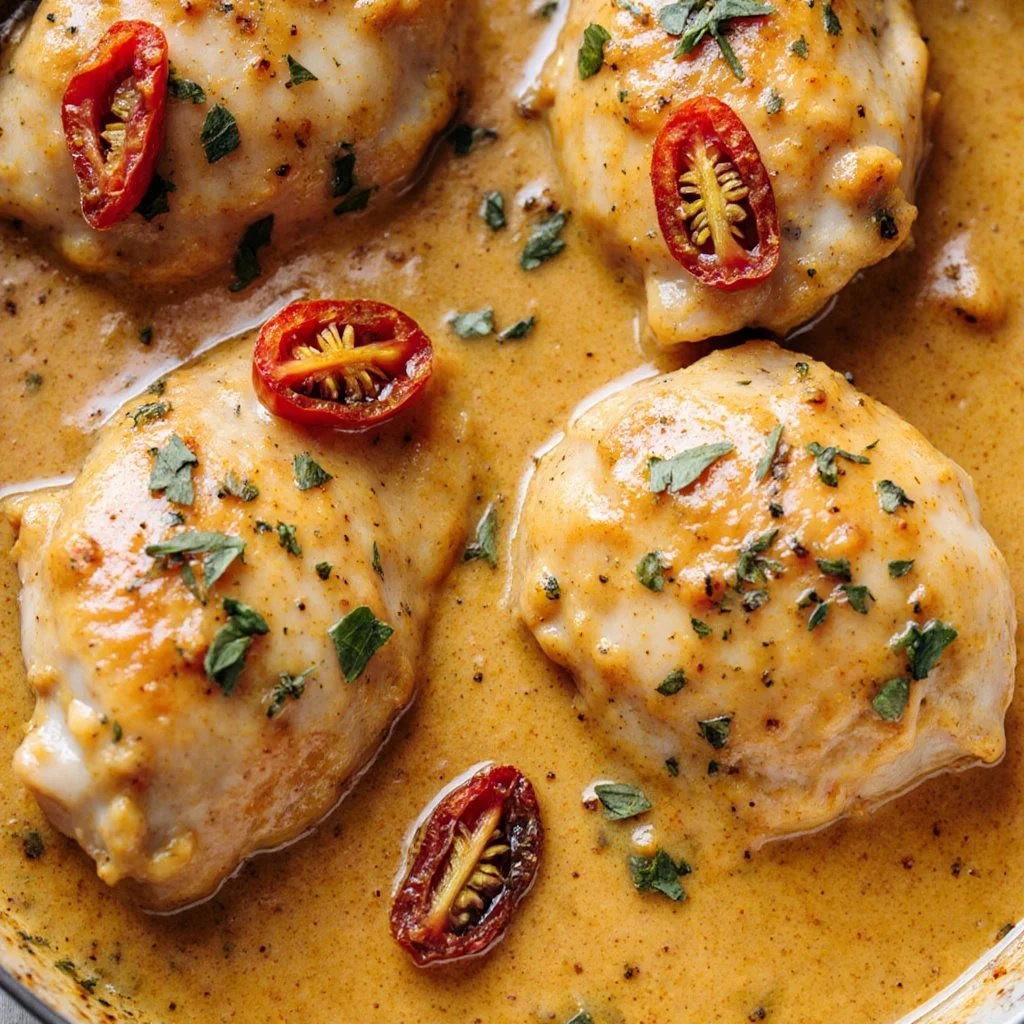 Delicious Marry Me Chicken served with herbs and creamy sauce on a plate.