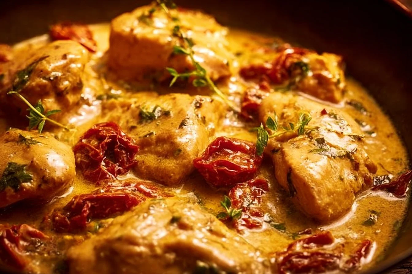 Delicious Marry Me Chicken served on a plate with herbs and a creamy sauce.
