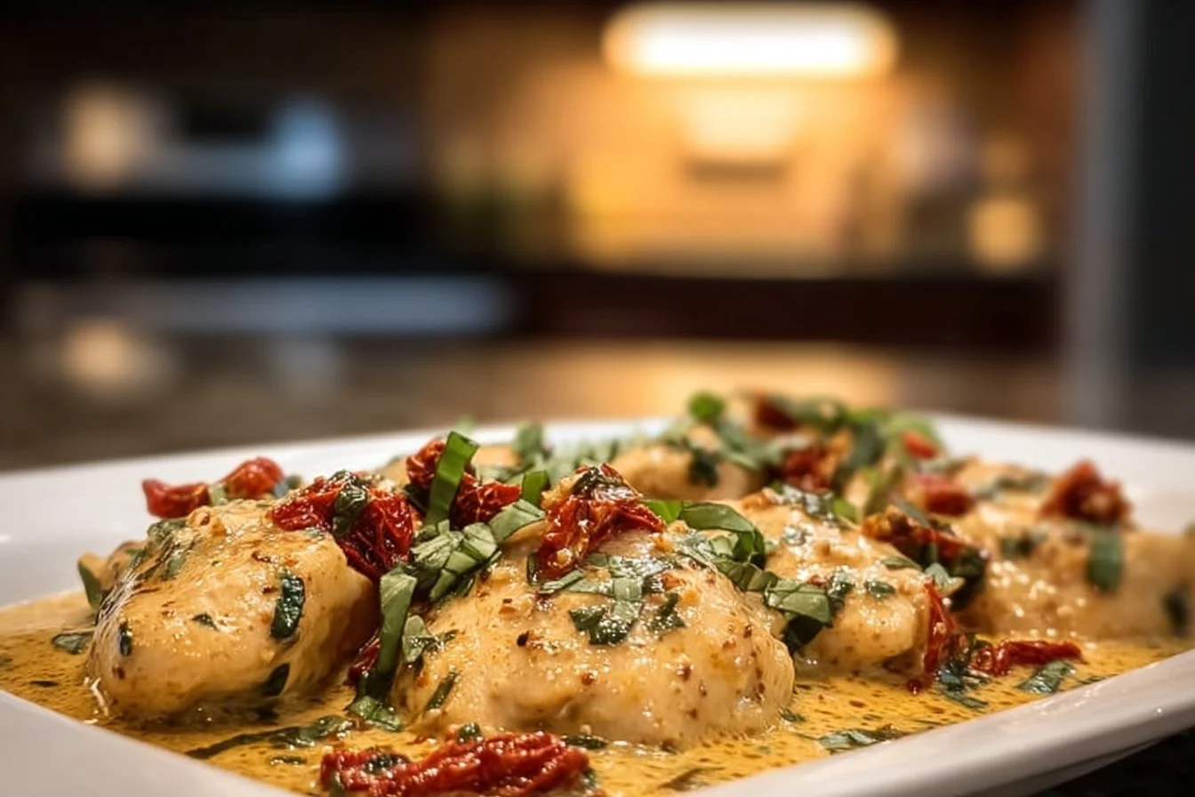 Marry Me Chicken 4 Dish of Marry Me Chicken garnished with herbs on a plate.