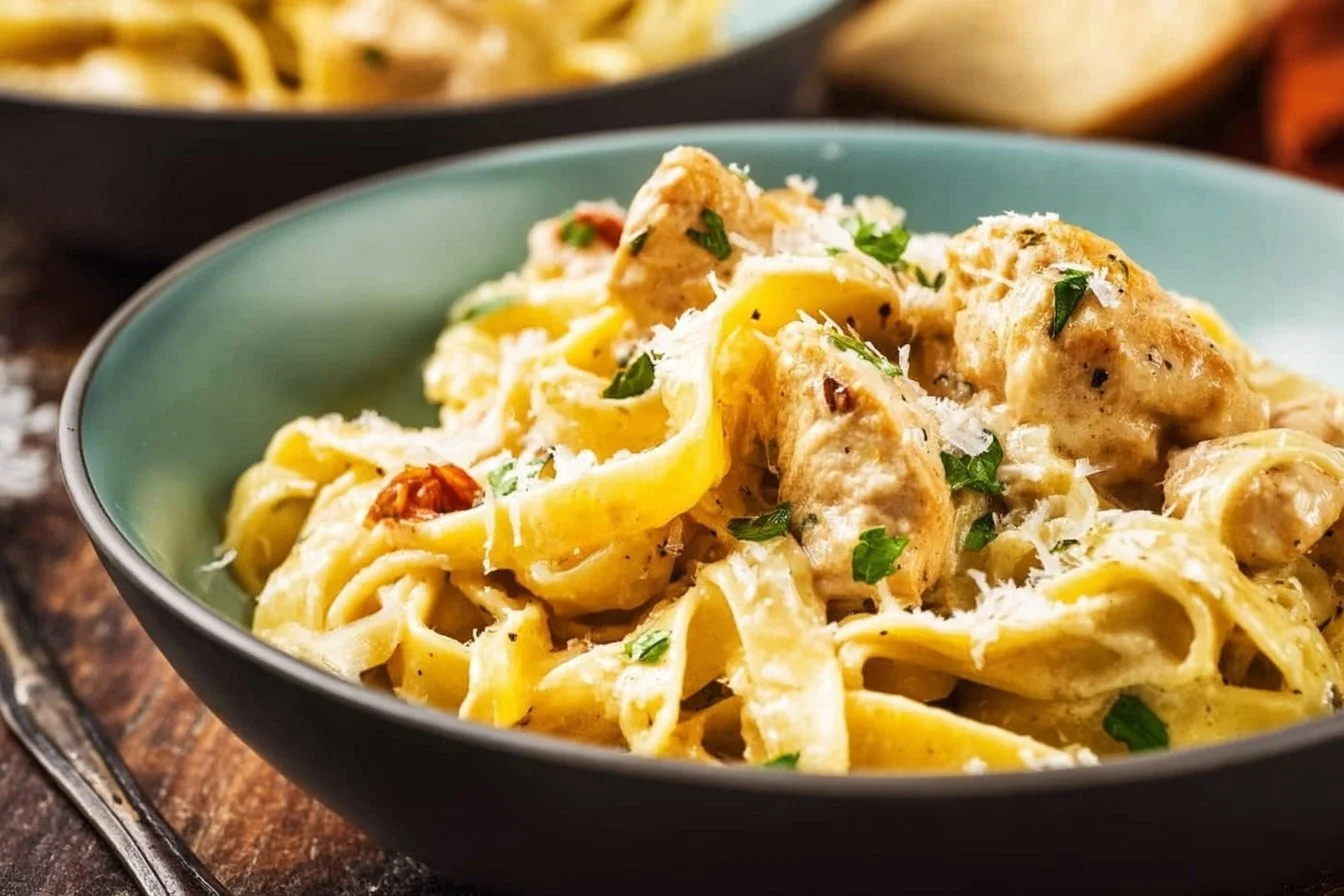 Creamy Marry Me Chicken Pasta with herbs and chicken in a bowl