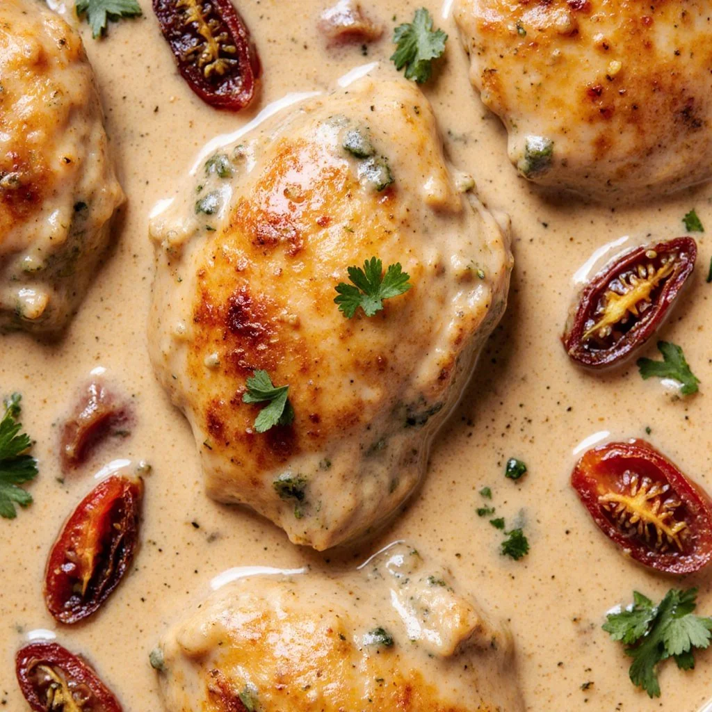 Marry Me Chicken with creamy sun-dried tomato sauce plated beautifully.