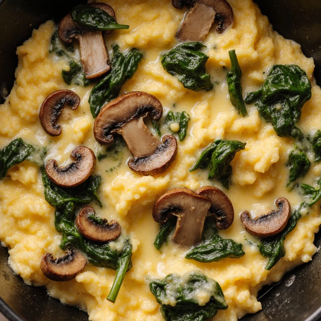 Mushroom Spinach Scrambled Eggs served on a plate with herbs