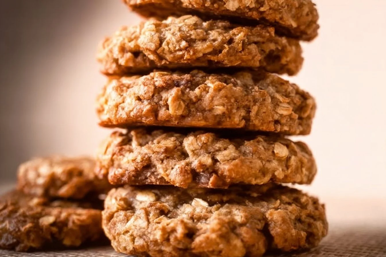 Oatmeal protein breakfast cookies on a wooden table with ingredients around.