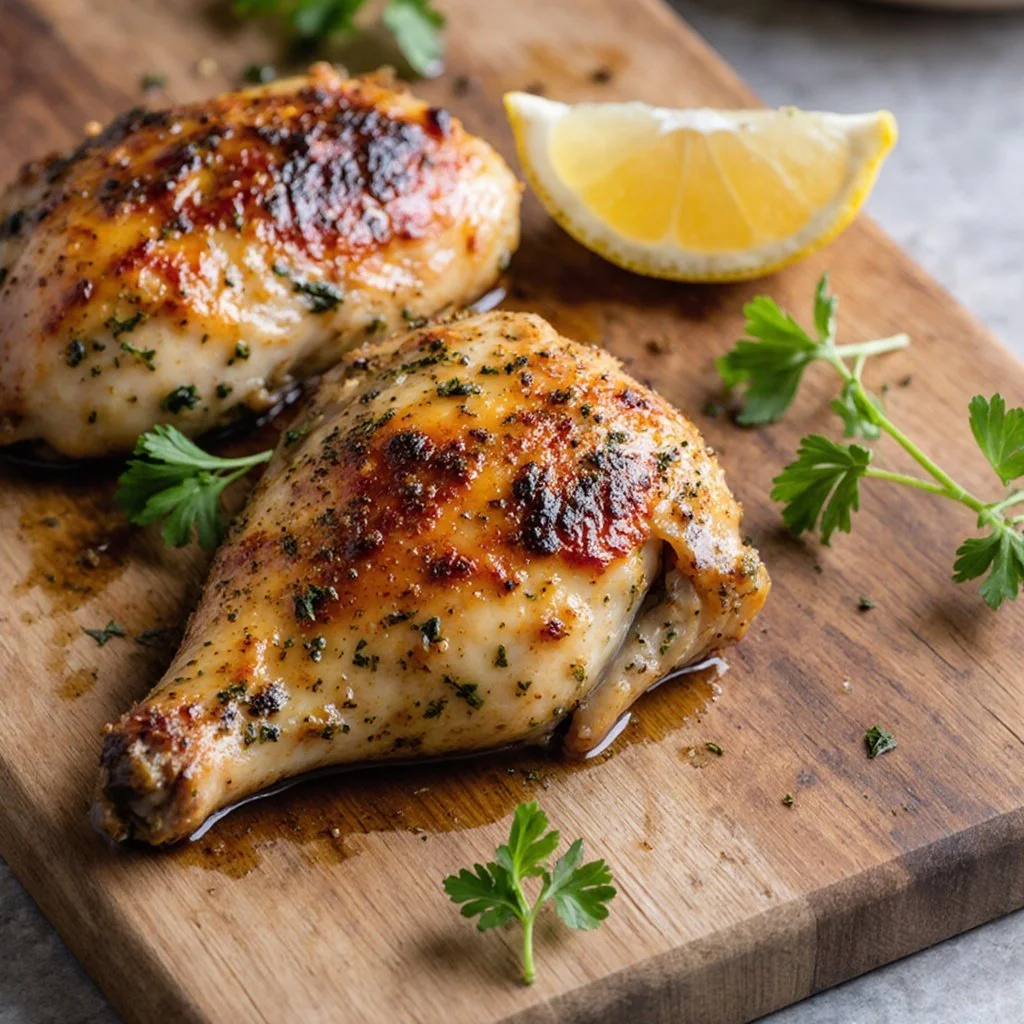 Oven-Baked Chicken Breast 4 Juicy oven-baked chicken breast seasoned with herbs and spices.