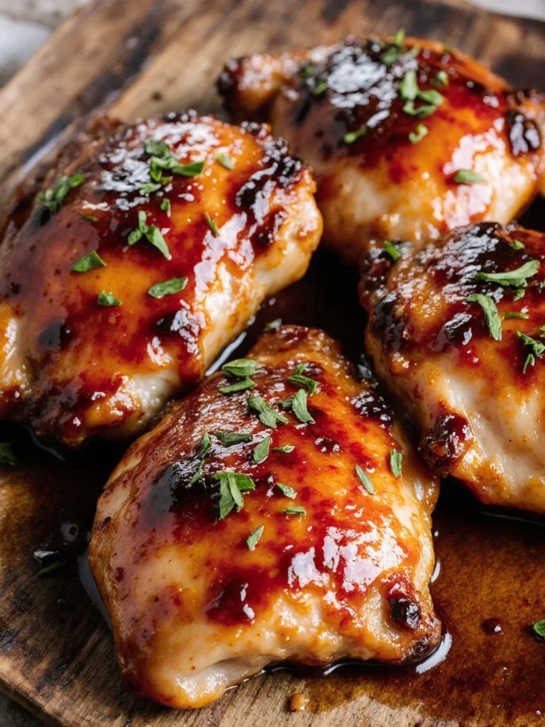 Juicy oven roasted BBQ chicken served on a plate with garnishes.