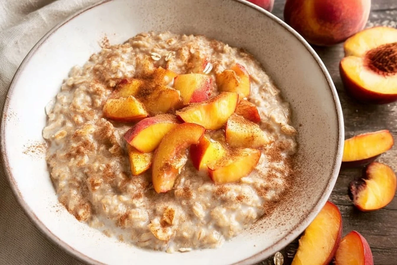 Bowl of creamy oatmeal topped with fresh peaches