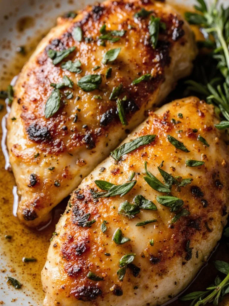 Juicy and golden-brown perfect baked chicken breast on a plate.
