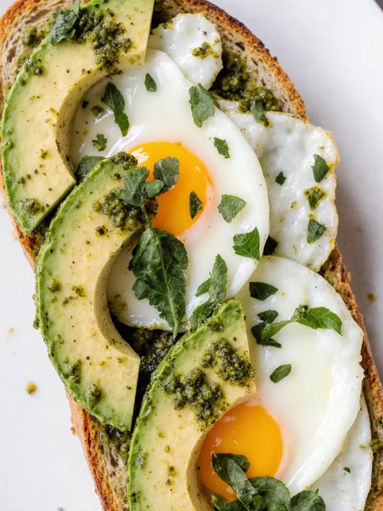 Pesto Avocado Toast with Eggs 4 Delicious pesto avocado toast with eggs served on a plate