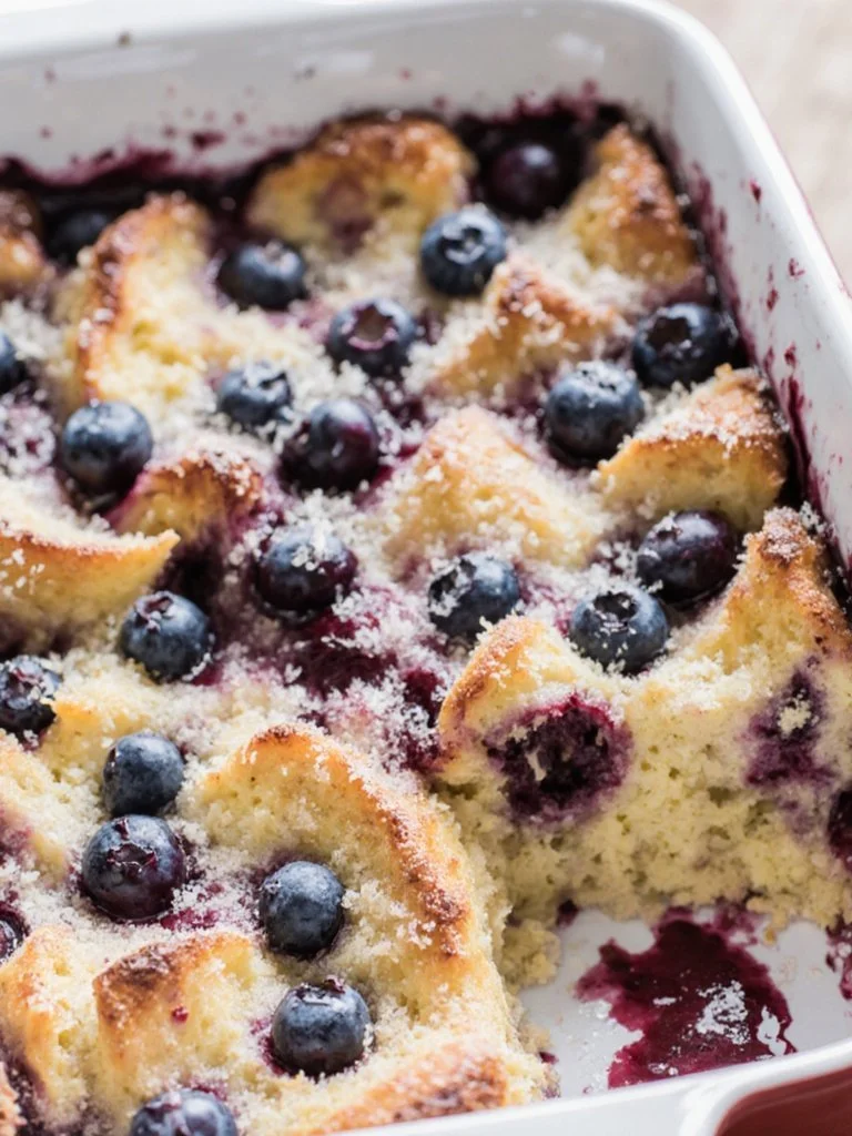 Delicious blueberry French toast casserole served in a baking dish