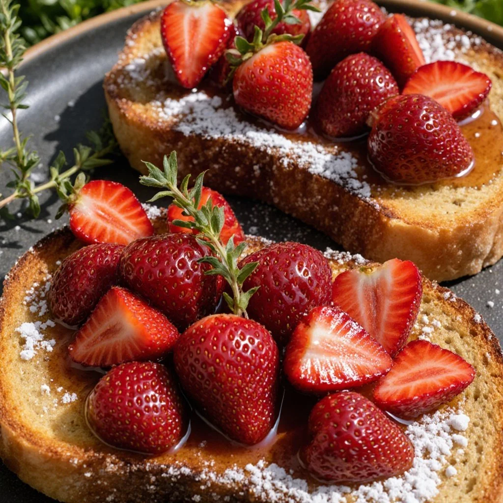 Delicious roasted strawberry whipped ricotta toast garnished with fresh strawberries