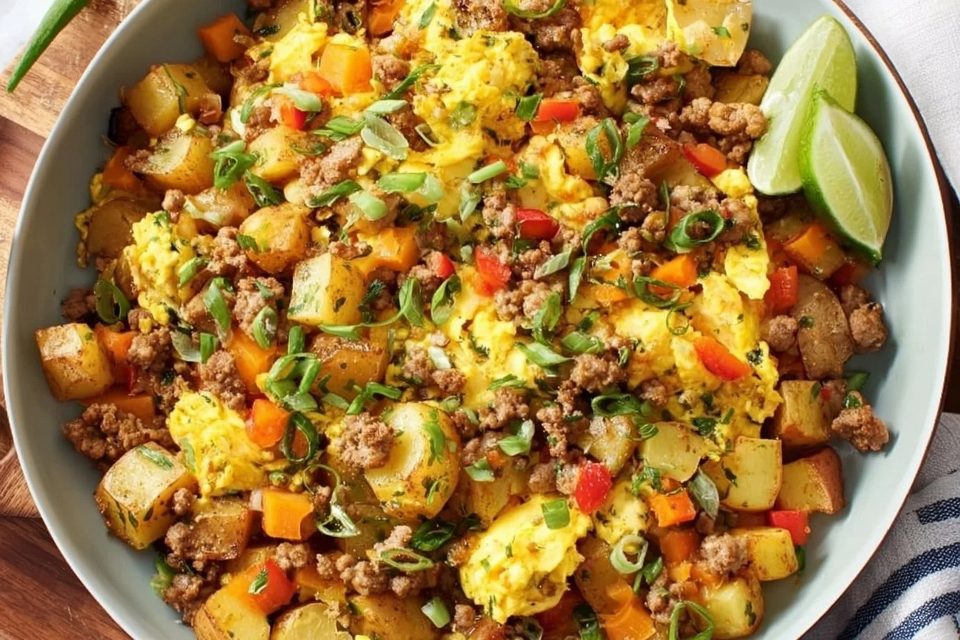 Delicious Sunrise Harvest Skillet with fresh vegetables and eggs.