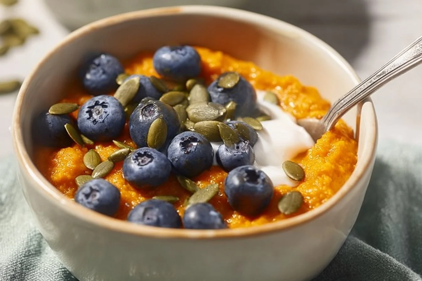 Sweet Potato Breakfast Bowl 4 A colorful Sweet Potato Breakfast Bowl topped with fresh fruits and nuts.