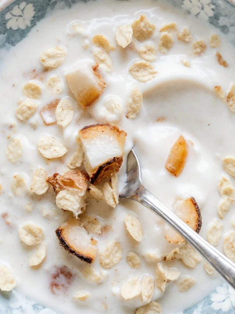 Bowl of tasty coconut cream oats topped with fresh fruit and nuts
