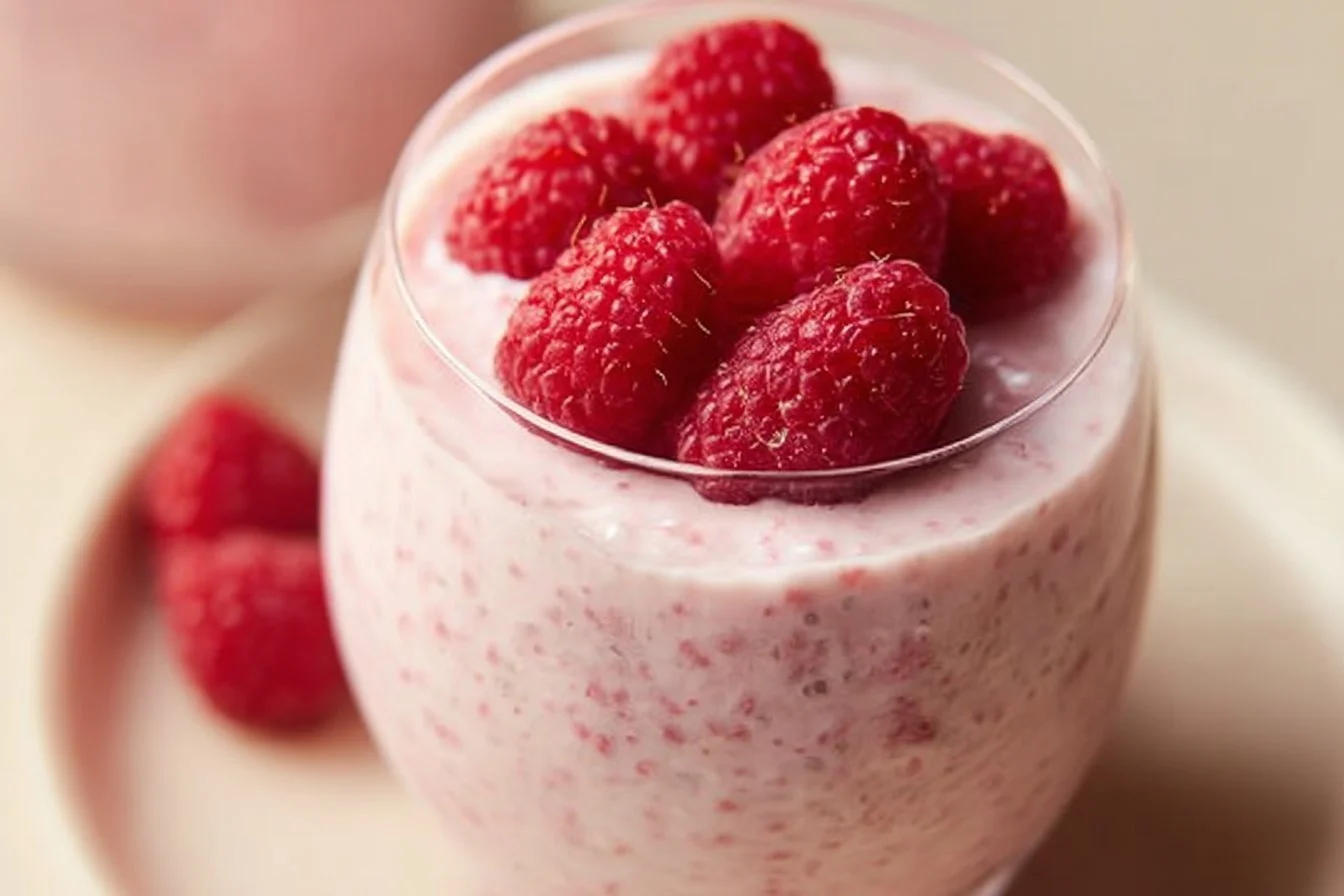 Vanilla Raspberry Chia Pudding 5 Vanilla Raspberry Chia Pudding in a glass topped with fresh raspberries